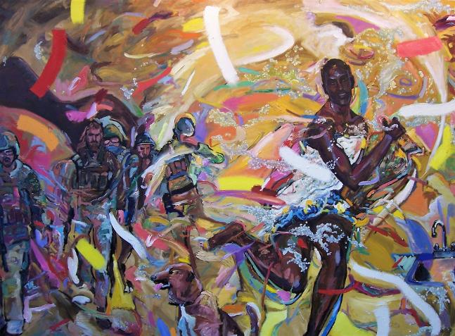 This painting of women is by black artist Charlie Newton entitled: 5 husbands, oil on canvas, 82.50 X 108  $10,000
