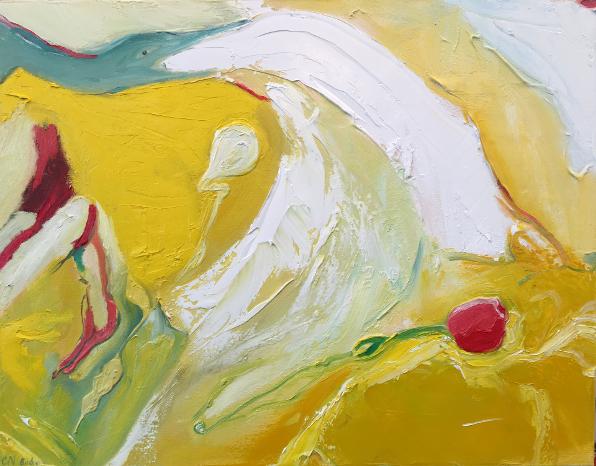 This is a lovely bright painting in  mostly yellow and white with red accents. Entitled: Bud,in  oil on canvas, 22 X 28  $800