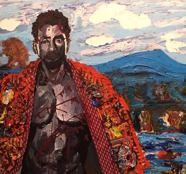 The artist as Jesus.  Jesus at the foot of Lookout Mtn., acrylics and objects on canvas, 40 x 40     $5000