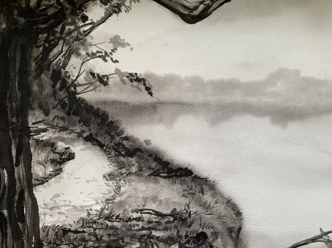 Mist, Ink on paper, 18 x 24  $700 This is a view over the river from a high bank.