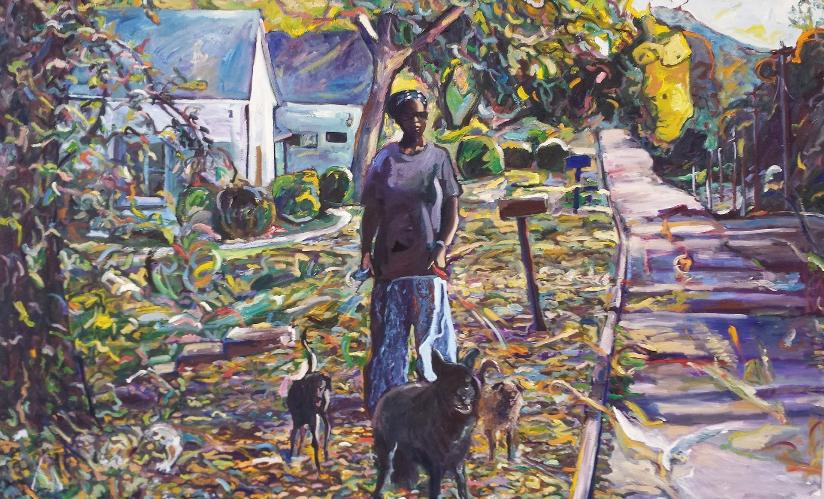A painting by Charlie Newton of an African American woman entitled: Morning Walk, oil on canvas, 72 X 96  $20,000
