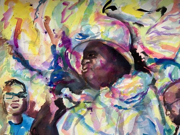 Mostly pink, yellow blue watercolor painting an African American mother in her church hat. Titled: Mother Getting Happy.
