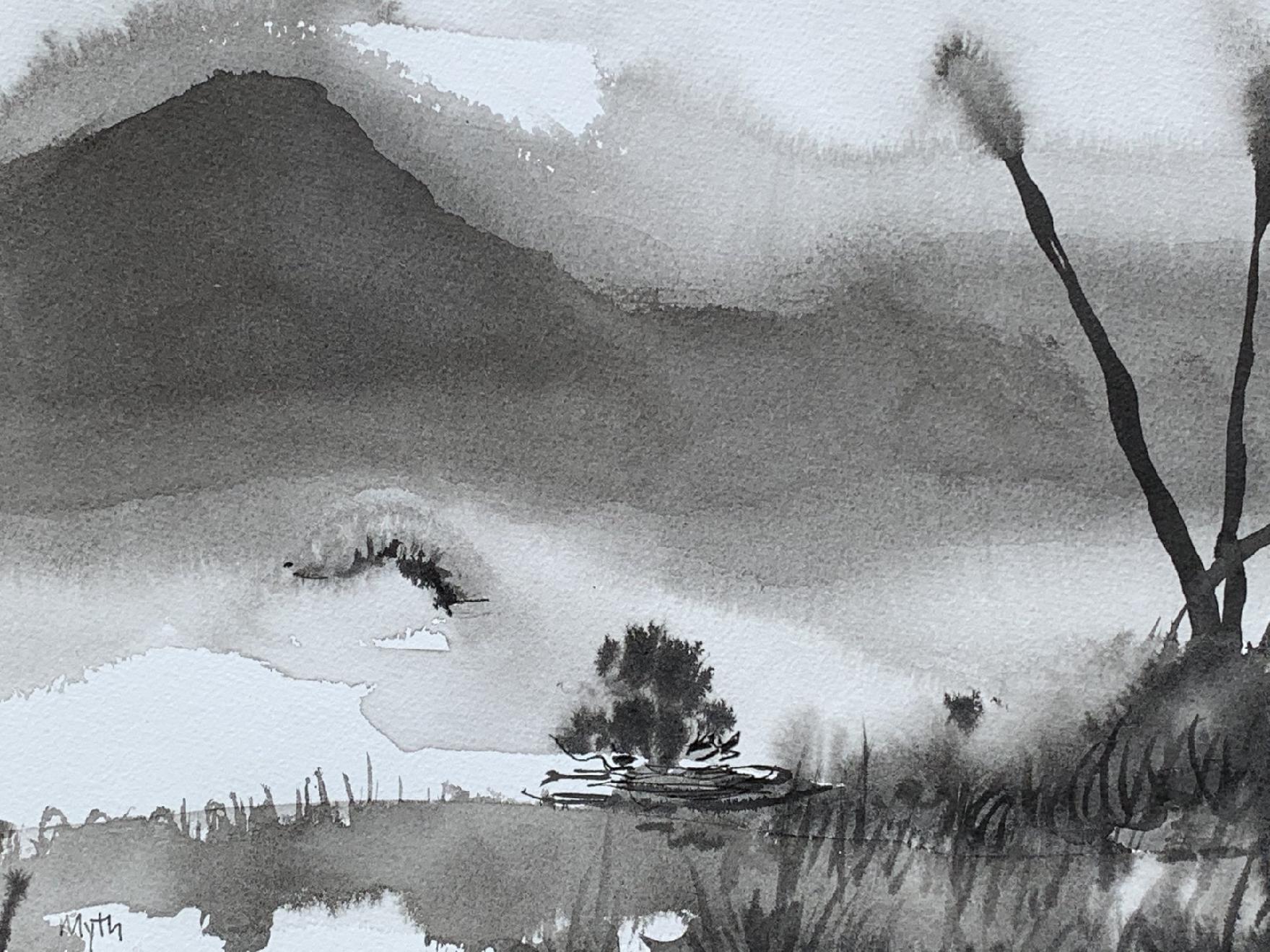 Ink on Paper, monochromatic landscape  titled: Myth