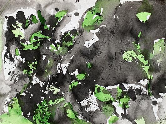 An abstract painting with recognizable foliage in green and black. 