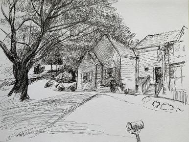 Shelter 1, pen and ink on paper by black artist, Charlie Newton 9 x 12  $150