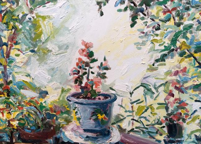 Bright spacious contemporary painting of a pottedk plant with overhanging floliage titled: Still Life 101, oil on canvas, 24 X 36  $800temporary painting titled: 