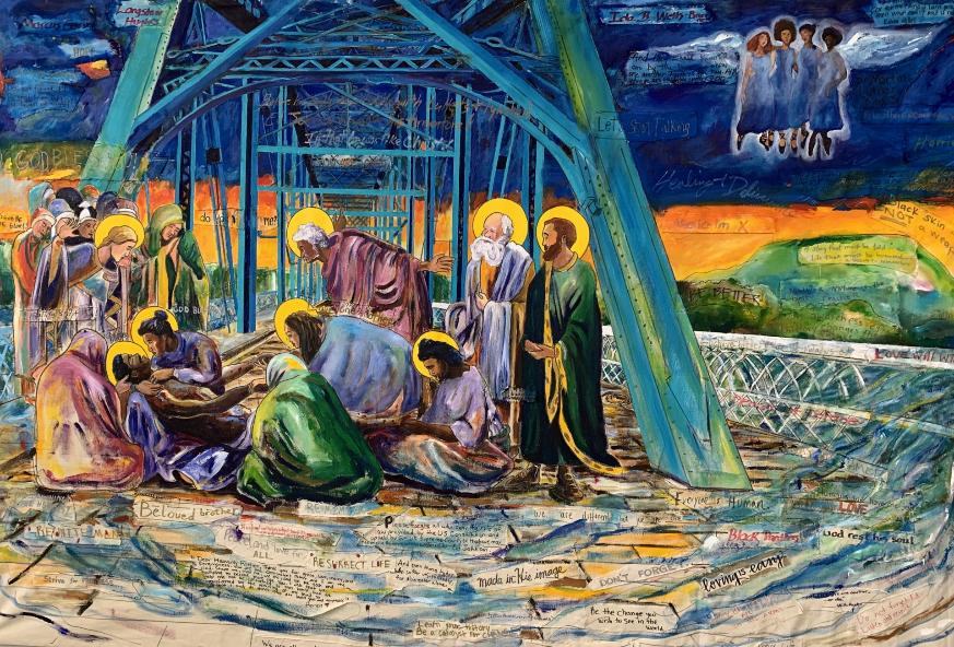 The Lamentation of Ed Johnson, acrylics on canvas, 71 X 104  20,000  A painting by African American artist Charlie Newton