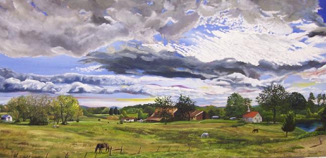 Painting of a landscape by artist Charlie Newton. Titled:The Return, oil canvas, 27 x 65  $4000 