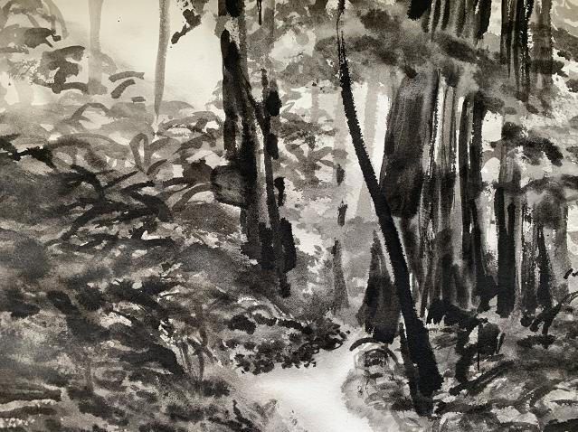 black and white landscape painting by black artist, entitled: The Woods, using ink on paper