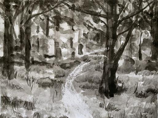 Walk 1, India Ink on paper, 9 x 12  $200 This monochromatic art is by artist Charlie Newton, and showsk a view through the trees.