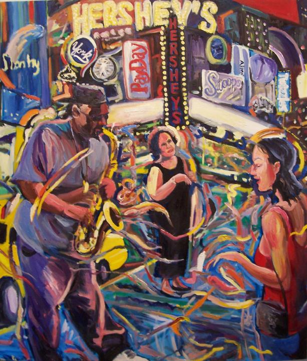 Hershey's is a painting depicting a black musician in a colorful bar with white revelers  on oil and acrylics on canvas, 53.75 X 47.5  $3000